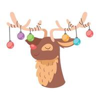 A cartoon deer with christmas balls hanging from its horns vector