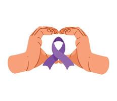 Two hands making a heart shape with a purple ribbon vector