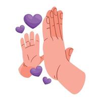 Two hands reaching out to each other with purple hearts vector