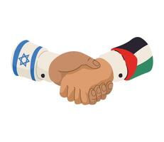 Two hands shaking hands with the flag of israel and palestine vector