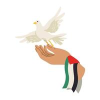 A white dove is flying on a hand with a flag vector