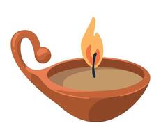 A candle in a clay bowl with a flame vector