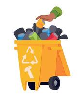 A hand is putting garbage in a yellow trash can vector