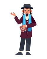 Jewish man in hat and scarf, holding a book and pointing vector