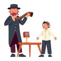 A man and boy standing next to a table with a shofar vector