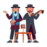 Two jewish men with shofar blowing horns vector
