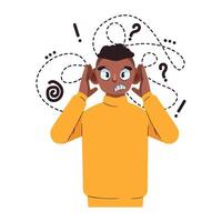 A man with a confused expression and a lot of question marks vector