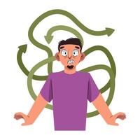 A man with a confused expression surrounded by arrows vector