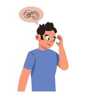 A man is thinking about something with a brain in the background vector