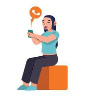 A woman sitting on a stool with a phone in her hand vector