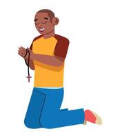 A man kneeling down with a rosary in his hand vector