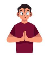 A man in a red shirt is doing a prayer gesture vector