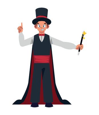 A cartoon magician with a wand and hat