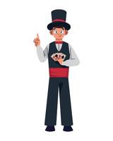 Magician with a card in his hand, magician character illustration isolated on white background vector