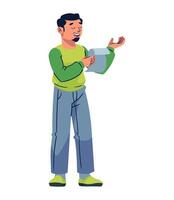 A man is holding a piece of paper and pointing to it vector