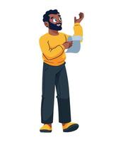 A man with a beard and a yellow shirt is holding a piece of paper vector