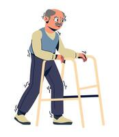 An illustration of an old man walking with a walker vector