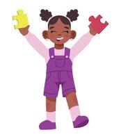 An image of a little girl holding up two pieces of puzzle vector