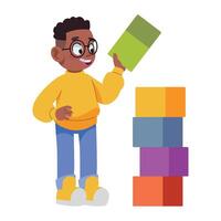 A boy standing next to stacks of colorful blocks vector