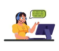 Call center agent with speech bubble on the screen vector
