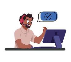A man is sitting at a computer with a headset on vector