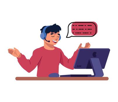 un hombre es sentado a un computadora con un habla burbuja vector