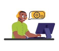 A man in a green shirt is working on a computer vector