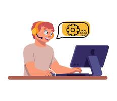 A man in a headset is working on a computer vector