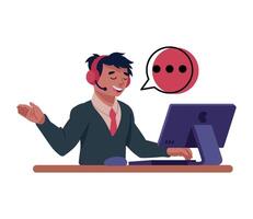 A man in a suit is sitting at a computer with a speech bubble above him vector