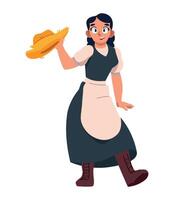 A cartoon woman in an apron holding a hat vector