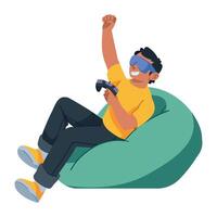 A man sitting on a bean bag with a controller in his hand vector