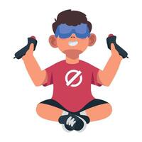 A boy in a red shirt is sitting on the floor with his hands up vector
