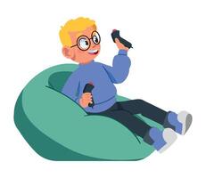 A boy sitting on a bean bag with a controller vector