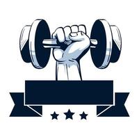 A hand holding a dumbbell with a banner behind it vector
