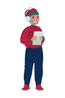 A man in a red sweater and hat is holding a tablet vector