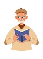 An old man with glasses and a hat is reading a book vector