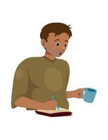 A man sitting at a table with a cup and pen vector