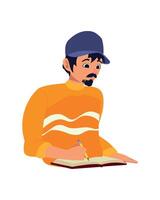 A man in a baseball cap is writing in a book vector