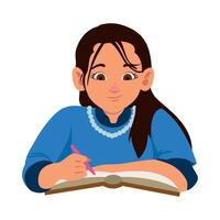 un niña es escritura en un libro y sonriente vector
