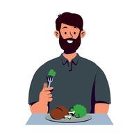 A man with a beard and a fork is holding a piece of broccoli vector