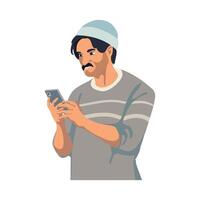A man with a mustache and hat is using his phone vector