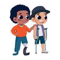Two boys with crutches and prosthetic legs vector