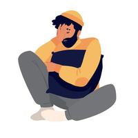 Sad man sitting on the floor with his head in his hands vector
