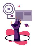 A hand reaching up to a computer screen with a speaker vector