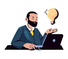 A man with a beard and a laptop is sitting at a desk vector