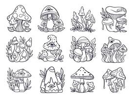 Trippy psychedelic mushroom element collection, black and white outline doodle sketch hand drawn style vector