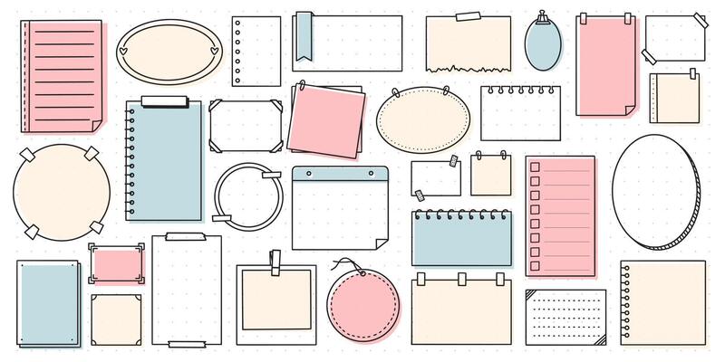 Bullet journal element frames, notes, stickers. Hand drawn for notebook, planner or diary. Frames, borders, vignettes, dividers, notes, lists collection.
