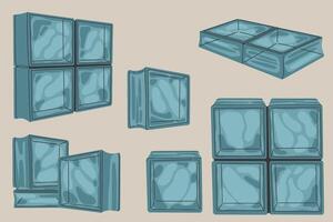 Glass block bricks for walls and interior, wave surface design, elements different angles. Contemporary hand drawn modern illustration vector