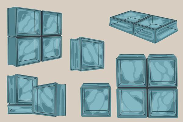 Glass block bricks for walls and interior, wave surface design, elements different angles. Contemporary hand drawn modern illustration
