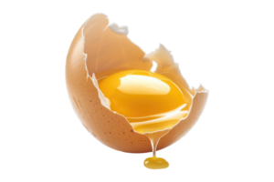 Broken chicken egg with flowing yolk isolated on transparent background. png